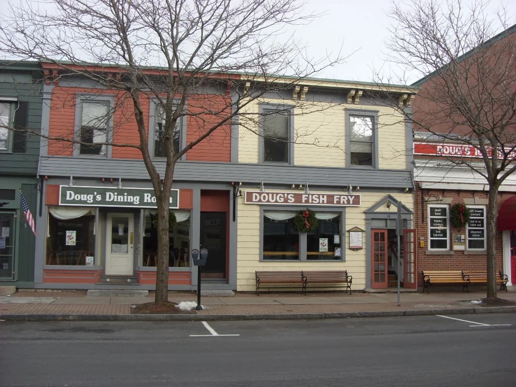 Doug's Fish Fry storefront in Skaneateles in winter, photographed in 2008