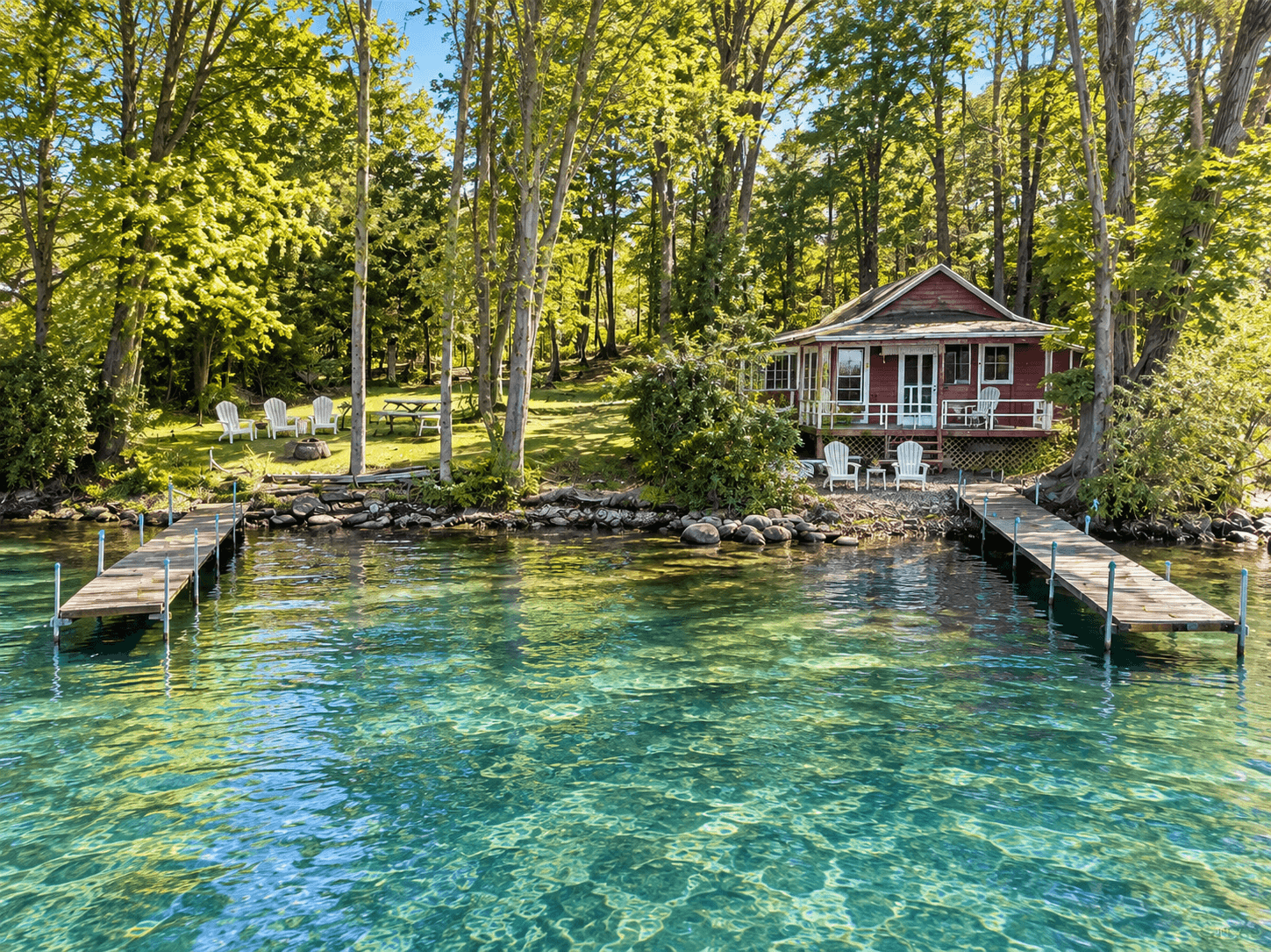 Lakefront Cottage at Skaneateles Landing between two docks on the wooded shoreline