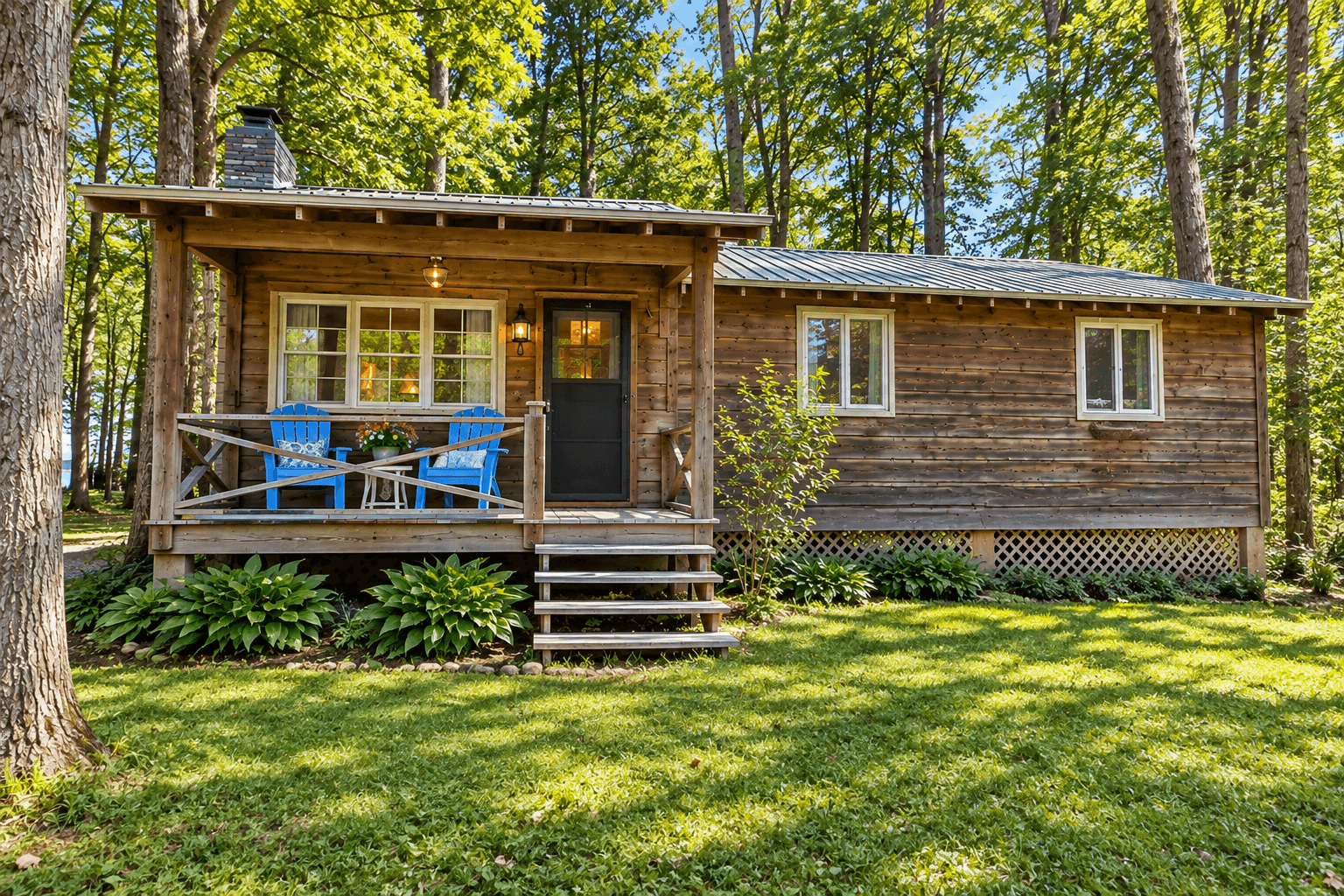 The Cabin at Skaneateles Landing with a covered porch among mature trees